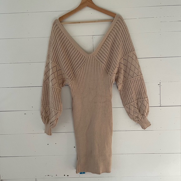 NWT Crochet Beige V Neck Sweater Dress Size XL - Picture 7 of 9